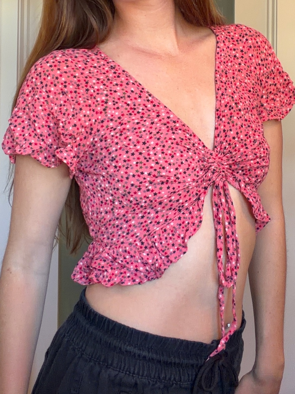 ILLA ILLA Pink Star-Print Tie-Front Crop Top